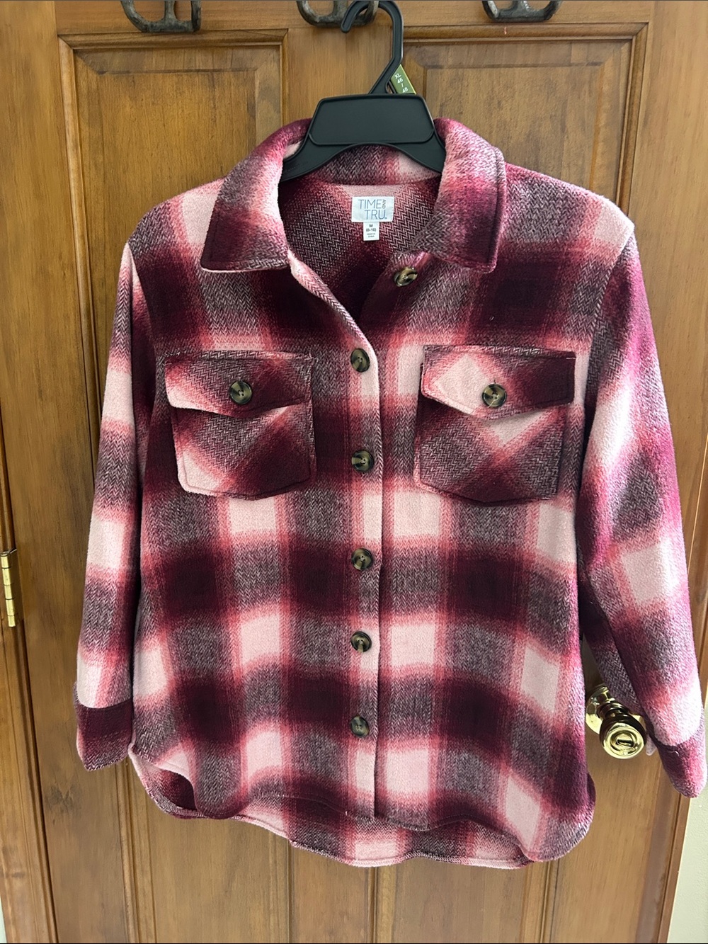 Time and Tru Pink and Burgundy Plaid Button-Front Utility Shacket.